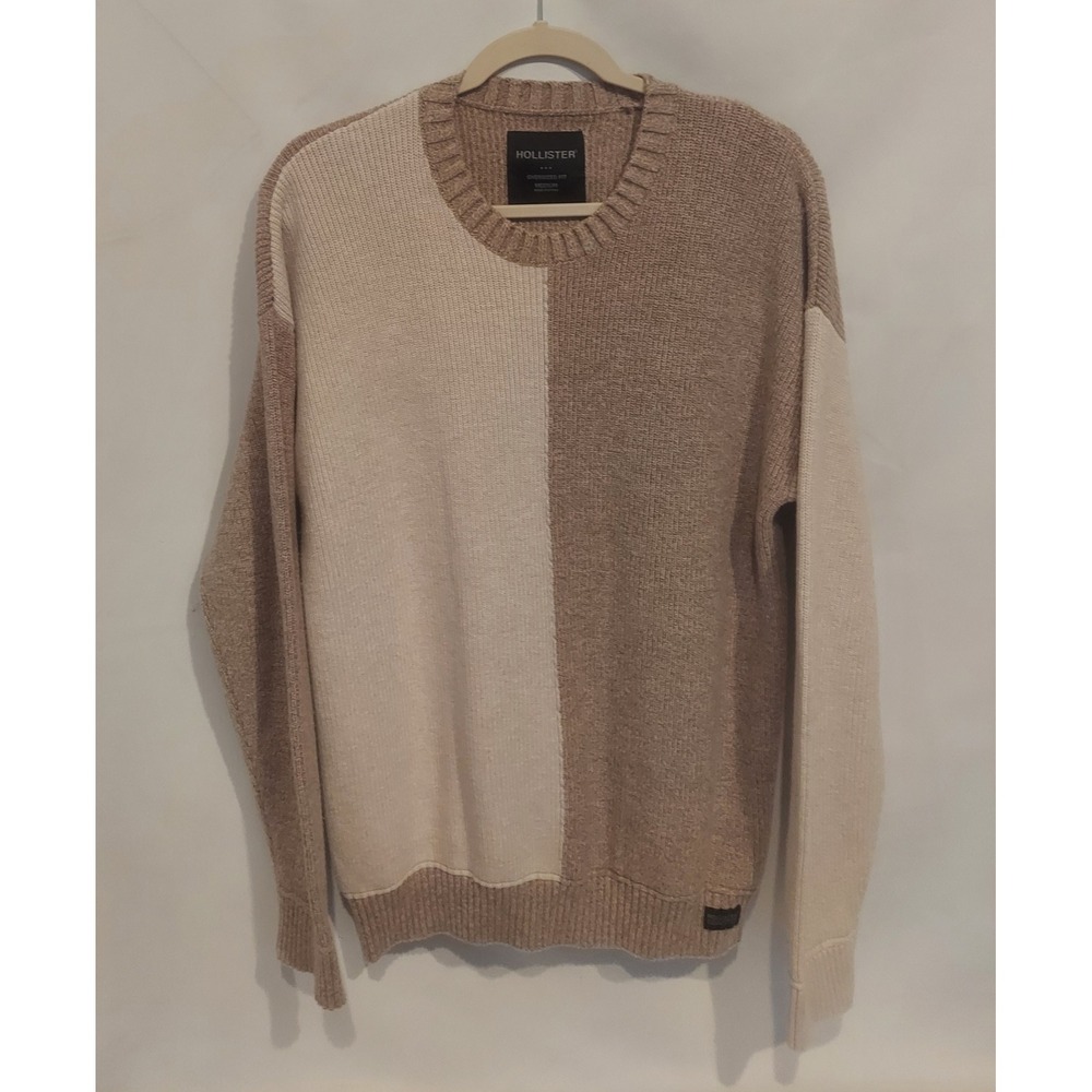 Hollister Mens Cream & Tan Colorblock Crewneck Ribbed Knit Sweater Size Medium